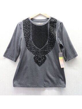 Tory Burch Estelle Tee Gray Velvet Embellished 3/4 Sleeve Top Large